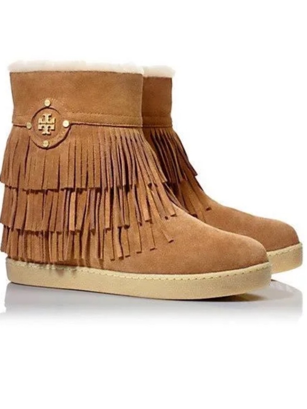 Tory Burch Collins Suede Fringe Booties in Havana Tan.